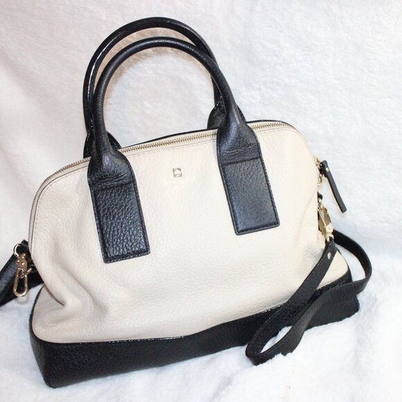 Kate Spade Pebbled Leather Purse Large Cream Black Handbag Satchel Bag 2 Tone - Picture 1 of 11